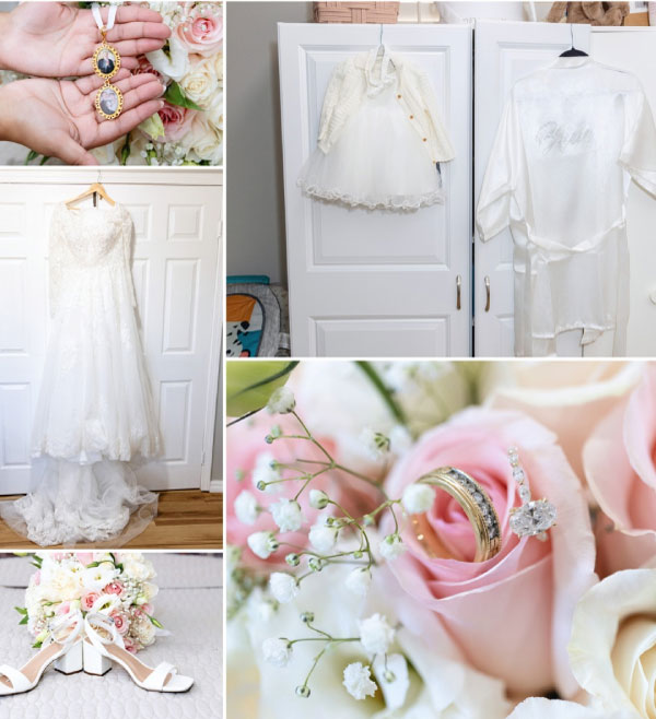 Wedding details collage — bridal gown, bride's robe, earrings, bouquet with wedding rings, and white heels
