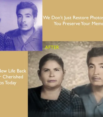 Before and after photo restoration of a vintage portrait of a couple. The faded purple-tinted original is restored to natural color and detail, with the text "We Don't Just Restore Photos, We Help You Preserve Your Memories" and "Breathe New Life Back Into Your Cherished Photos Today."
