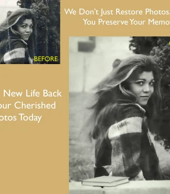 Before and after restoration of a black-and-white photo of a young woman with long windswept hair and a plaid coat. Deep creases and cracks are removed, with the text "We Don't Just Restore Photos, We Help You Preserve Your Memories."