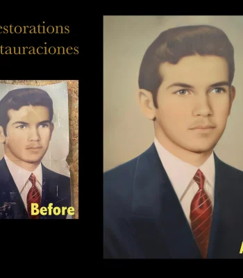 Before and after restoration of a torn, creased, hand-tinted portrait of a young man in a navy suit and red striped tie, restored to a clean, vivid color portrait. Titled "Restorations / Restauraciones."
