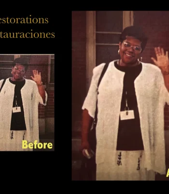 Before and after restoration of a grainy, faded photo of a smiling woman in glasses and a white cardigan waving in front of a brick building, restored with sharper detail and color. Titled "Restorations / Restauraciones."