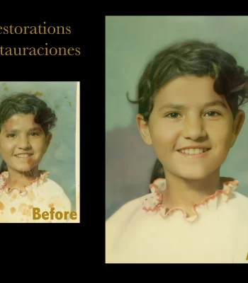 Before and after restoration of a water-stained school portrait of a smiling girl in a white blouse with a ruffled collar, restored with stains removed and colors brightened. Titled "Restorations / Restauraciones."