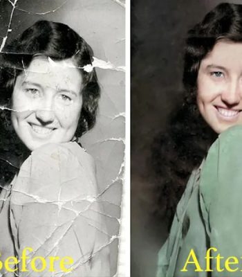 Before and after photo restoration of a torn vintage portrait, repaired and colorized by Oscar's Photography