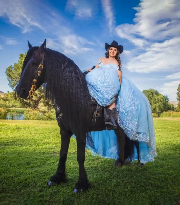 Quinceañera portrait riding a black horse sidesaddle in a light blue beaded gown and black cowboy hat