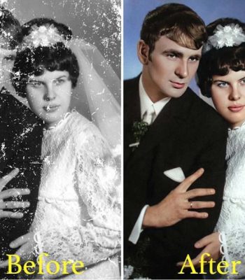 Before and after photo restoration of a damaged vintage wedding portrait, repaired and colorized