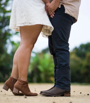 Wedding couple's feet detail shot — close-up of the bride and groom's shoes while standing close together outdoors