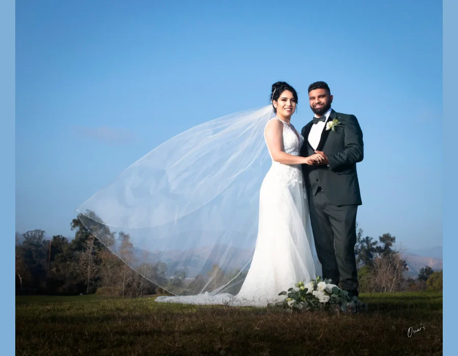 Wedding portrait with flowing veil — bride and groom holding hands outdoors, veil caught by the wind against a blue sky