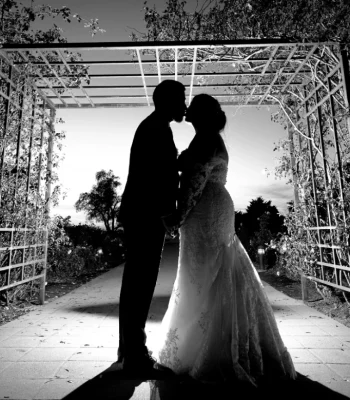 Wedding silhouette under a garden arbor — couple kissing in silhouette under a trellised arbor at sunset